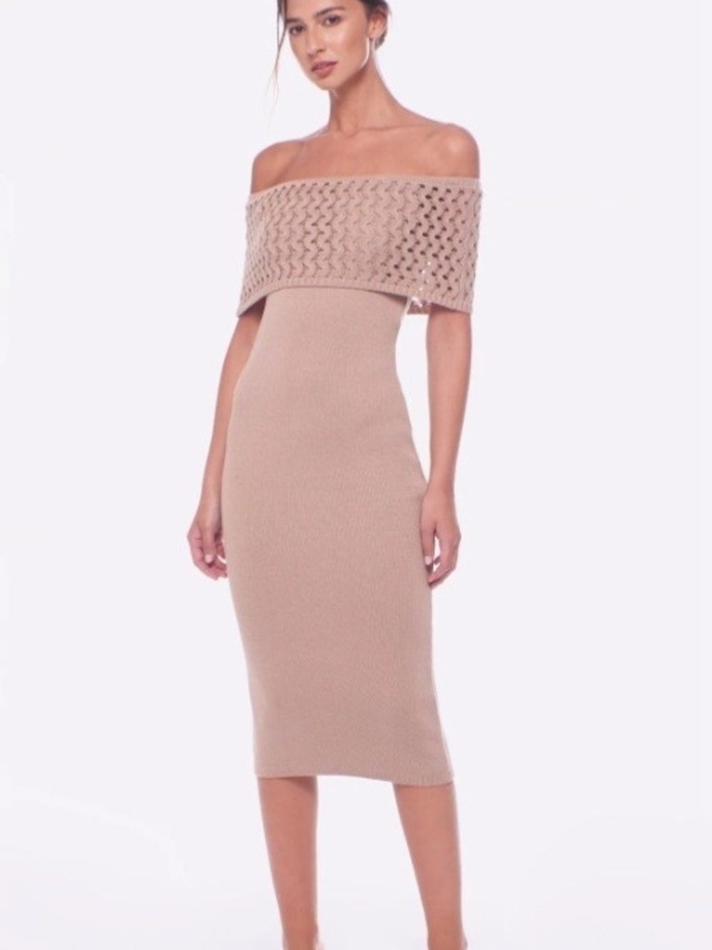 Peixoto Beige One-Shoulder Foldover Knit Midi Dress